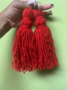 red tassel earrings, red yarn earrings, tassel earrings, handmade earrings 