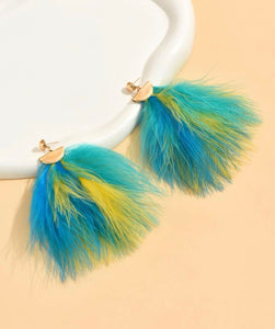 feather earrings, colorful earrings, earrings , blue feather earrings, blue and green feahter earrings. 